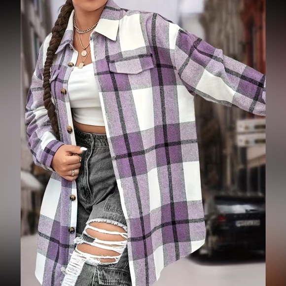 Purple Plaid Print Button Up Collared Shirt Jacket shaket - Picture 5 of 5